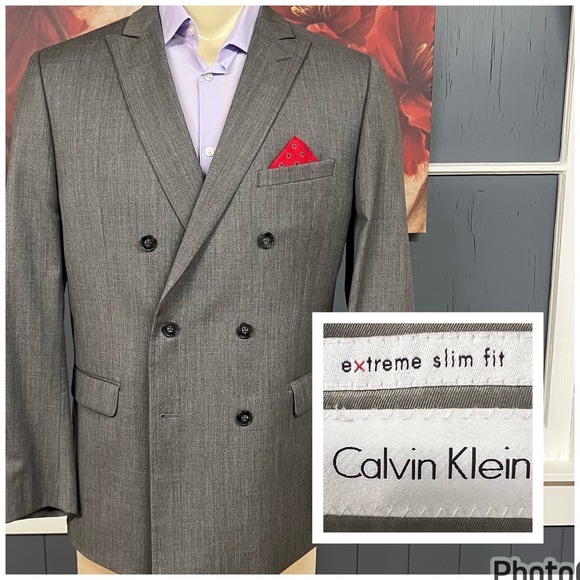 Calvin Klein Double Breasted Blazer Jacket Sport Coat Mens 44R Slim Fit Gray